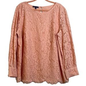 RSVP by Talbots Lace Sleeve Blouse Size 2X Peach Keyhole Closure Scallop Edges